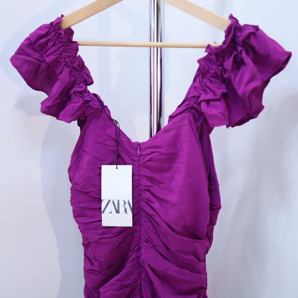 Zara Purple Ruched Ruffle Mini Dress -Sizes S,M NEW WITH TAG! - Picture 4 of 11